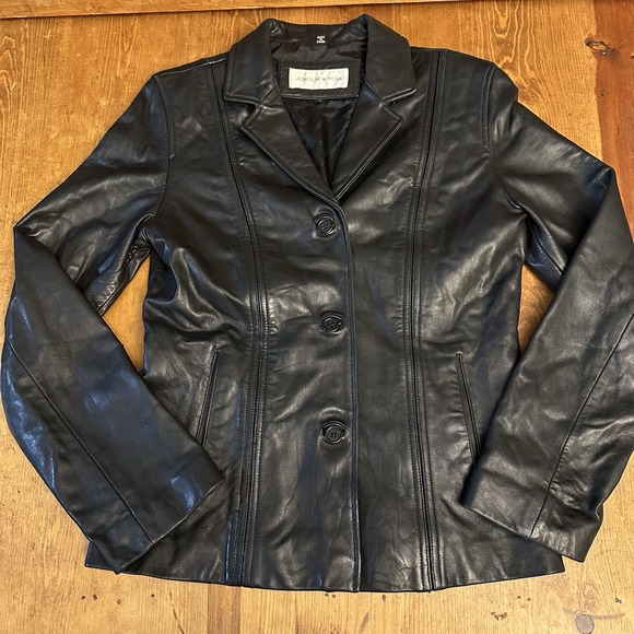 JONES NEW YORK Genuine Leather Jacket Black Zip-Up S Classic Style Minimalist - Picture 1 of 6